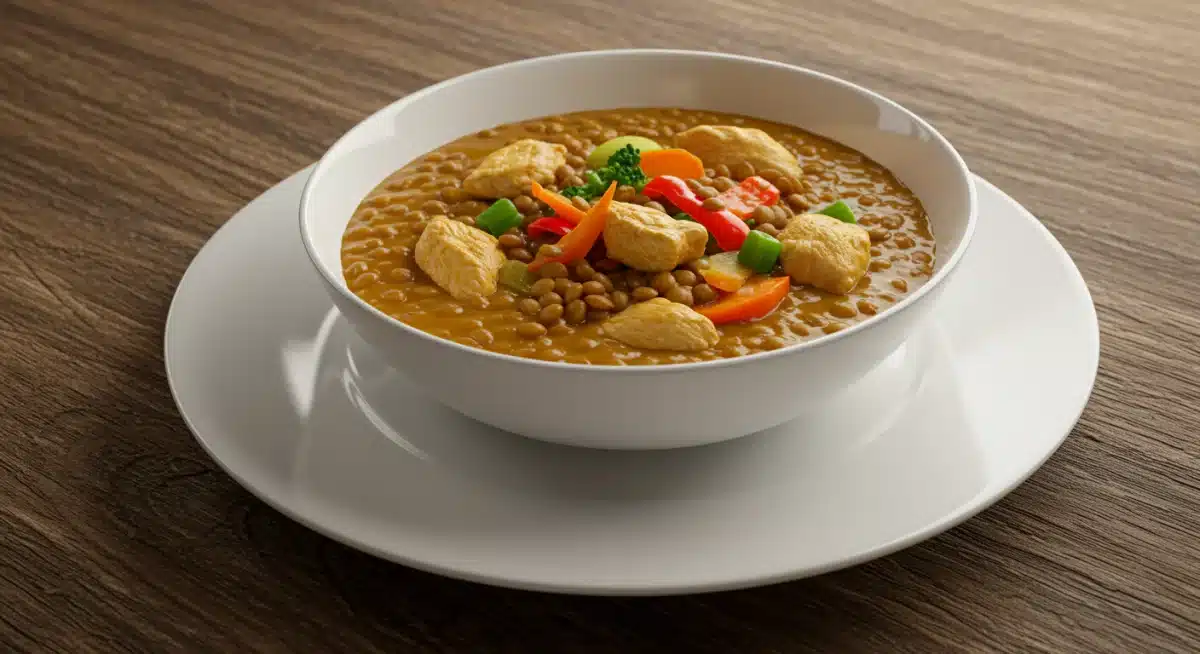 Appetizing and healthy budget-friendly meal, like a lentil soup, on a wooden table