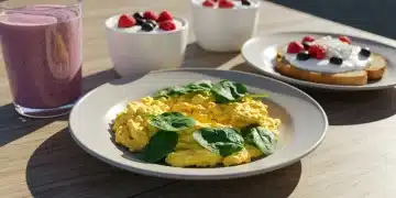 Variety of high-protein breakfast items including eggs, yogurt, and smoothie, arranged beautifully on a table.
