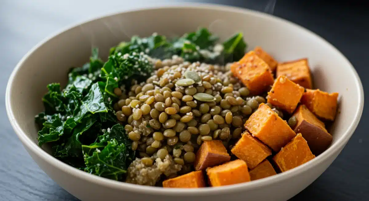 Steaming lentil and kale power bowl for high fiber