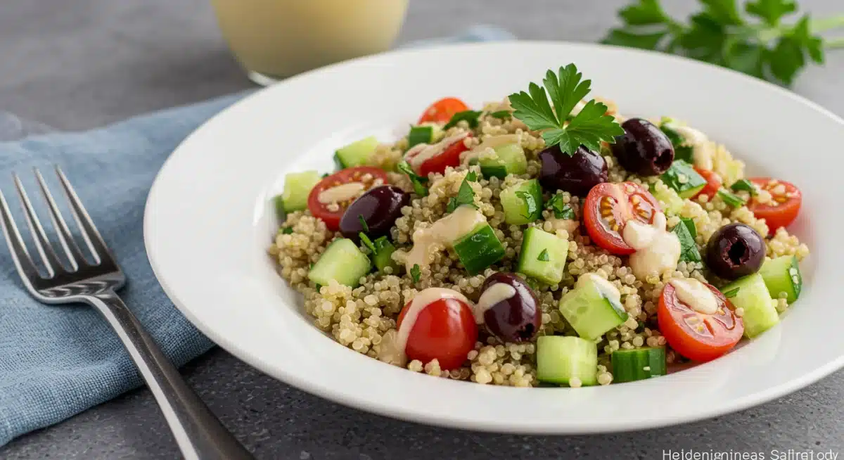 Vibrant Mediterranean quinoa salad with fresh vegetables and dressing