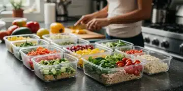 Organized meal prep containers on a kitchen counter with fresh ingredients.