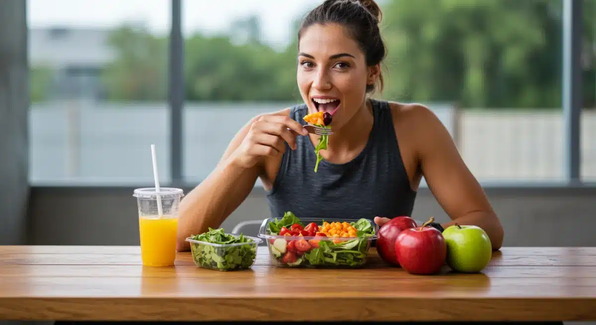 Athlete eating a colorful, plant-based recovery meal