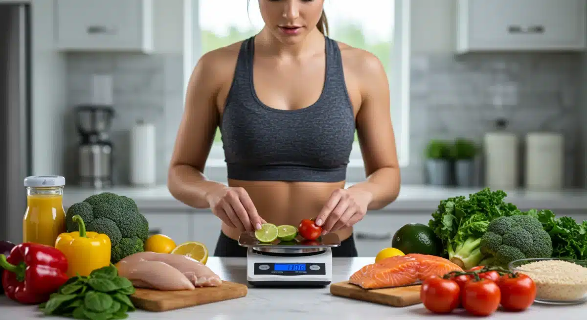 Athlete precisely weighing ingredients for meal prep