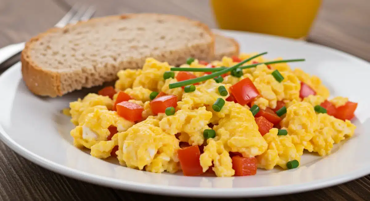 Scrambled eggs with colorful vegetables and whole-wheat toast on a white plate.