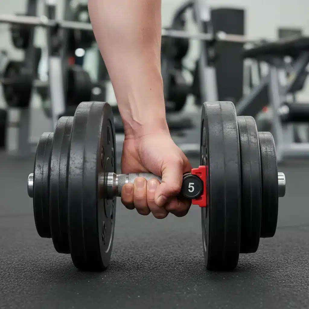 Hand adjusting dumbbell weight, symbolizing incremental resistance increase.