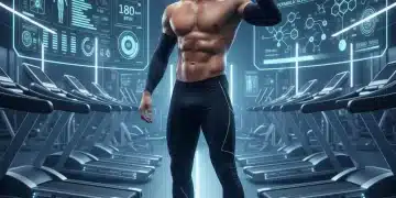 Athlete fueling with advanced sports nutrition drink in a futuristic gym.