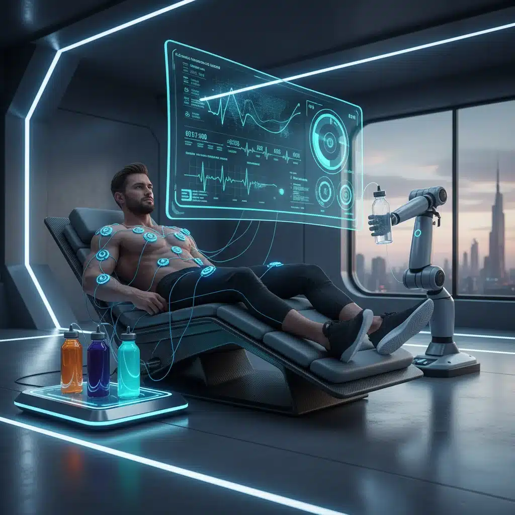 High-tech athlete recovery session with biofeedback monitoring.