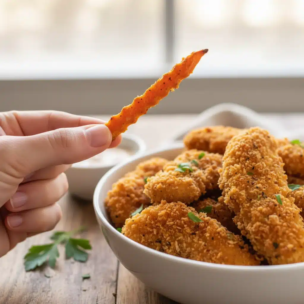 Hand holding a baked sweet potato fry next to oven-baked chicken tenders, healthy comfort food.
