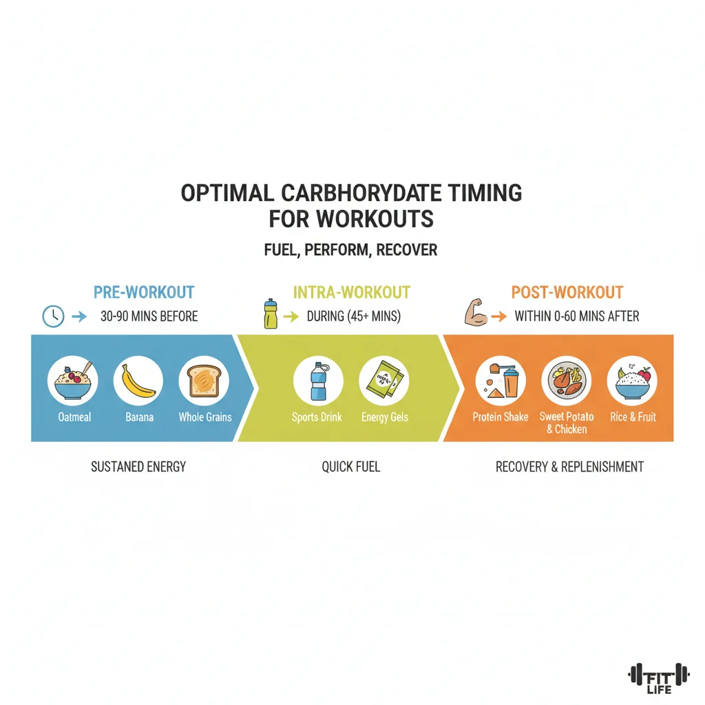 Infographic showing optimal carbohydrate timing for workout performance and recovery.