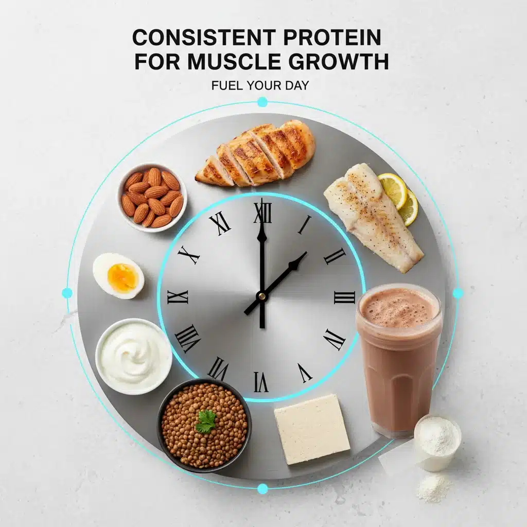 Visual guide to consistent protein intake throughout the day for muscle synthesis.