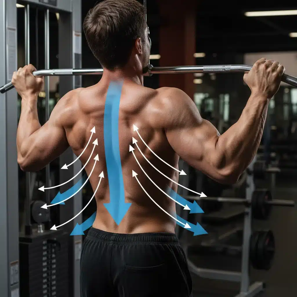 Individual performing lat pulldown, with visual cues highlighting the engagement and contraction of the latissimus dorsi muscles.