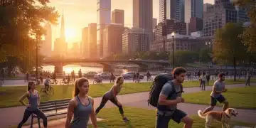 People performing functional fitness exercises in an urban park setting at sunset.