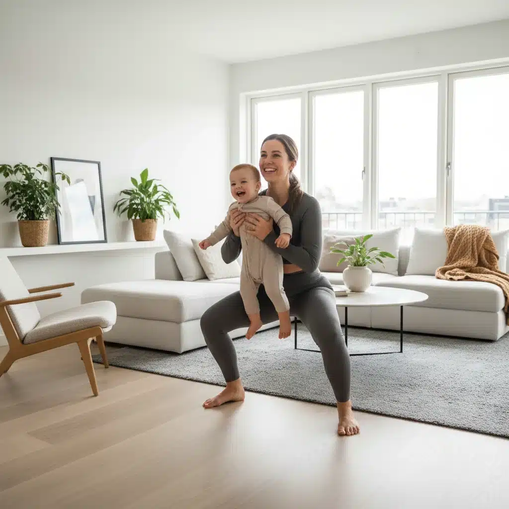 Parent doing a functional squat while holding a child.