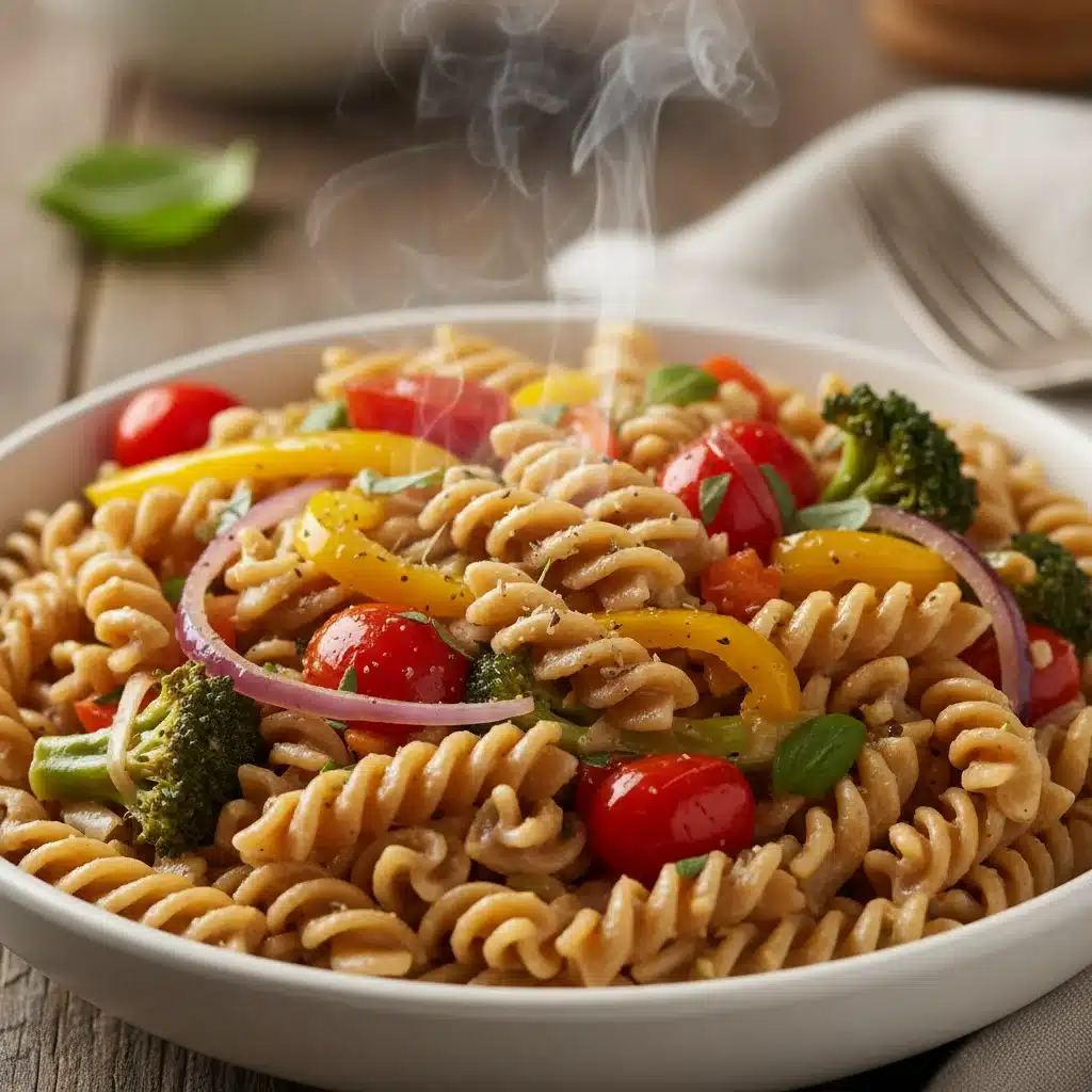 Close-up of a steaming bowl of healthy creamy pasta with whole wheat and vegetables.