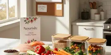 Colorful healthy ingredients arranged for a 4-week meal plan