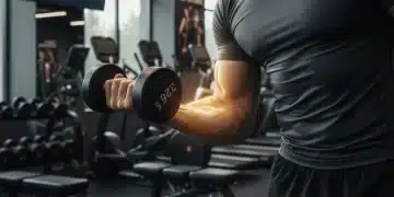 Athlete intensely focusing on bicep curl, demonstrating strong mind-muscle connection in a modern gym setting.