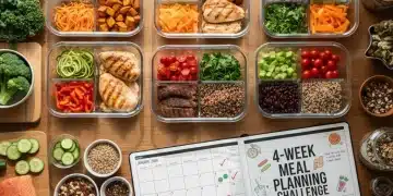 Organized meal prep station with colorful ingredients and a 4-week planning calendar.