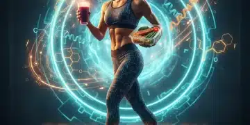 Athlete demonstrating peak energy and muscle synthesis through strategic macronutrient timing, vibrant and modern setting.
