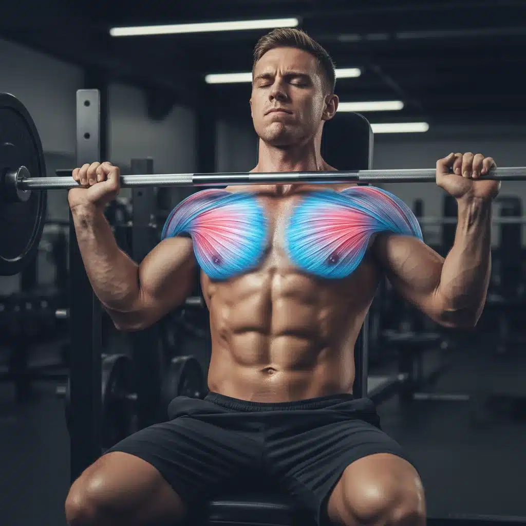 Person performing chest press with eyes closed, visualizing pectoral muscle contraction for enhanced mind-muscle connection.