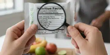 Person analyzing a food nutrition label with a magnifying glass in a kitchen setting.