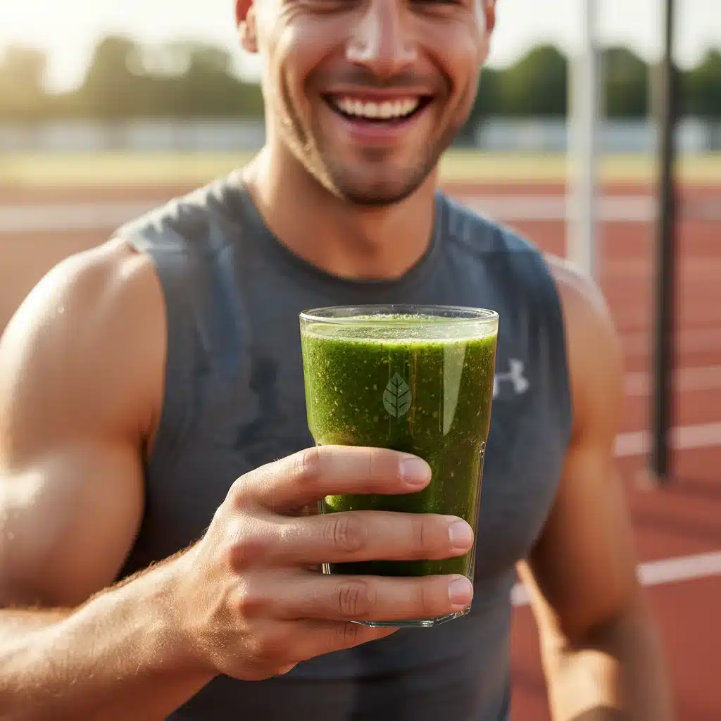 Athlete enjoying a refreshing green plant-based recovery smoothie after a workout
