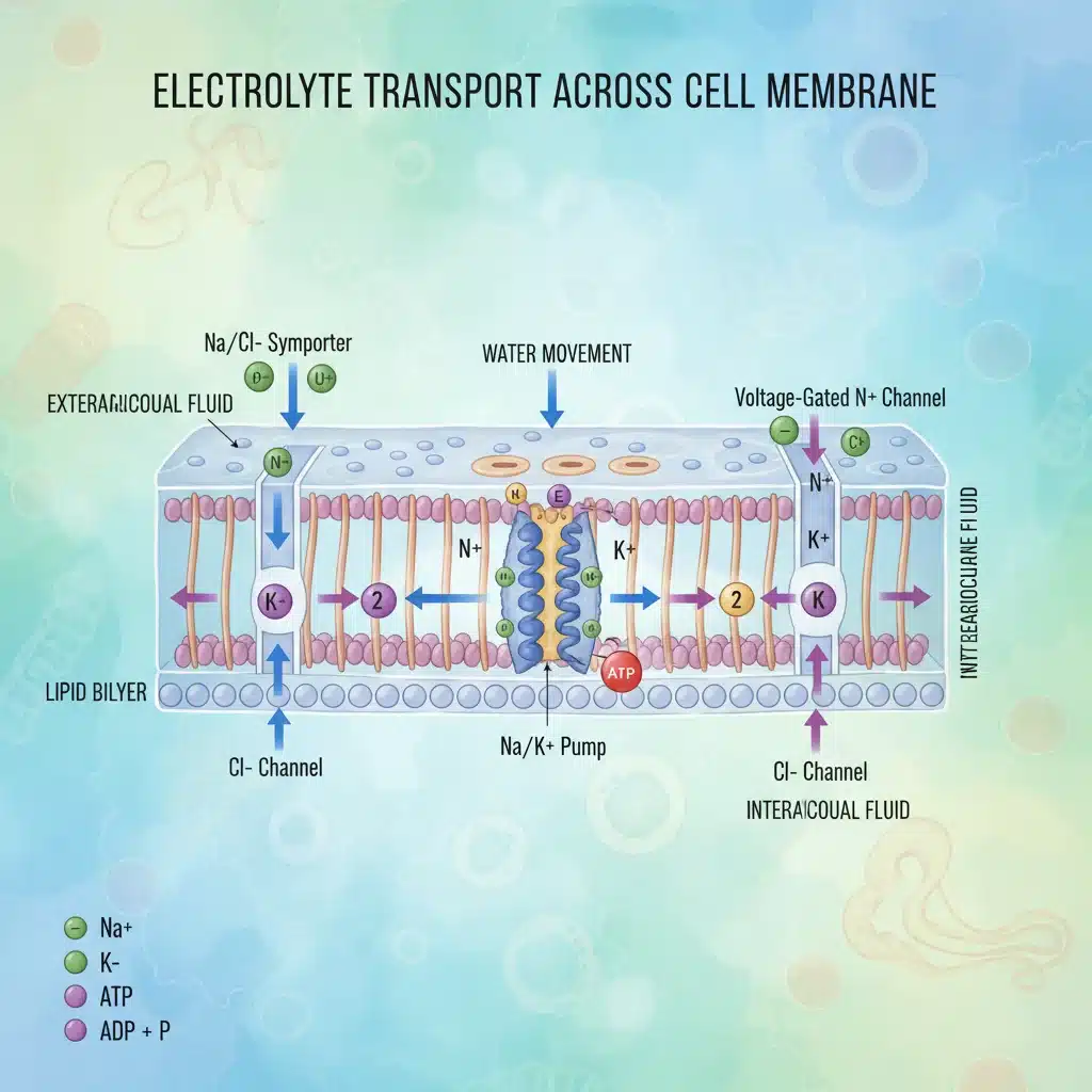 Infographic showing cellular transport of electrolytes, including sodium, potassium, and chloride ions, across a cell membrane.