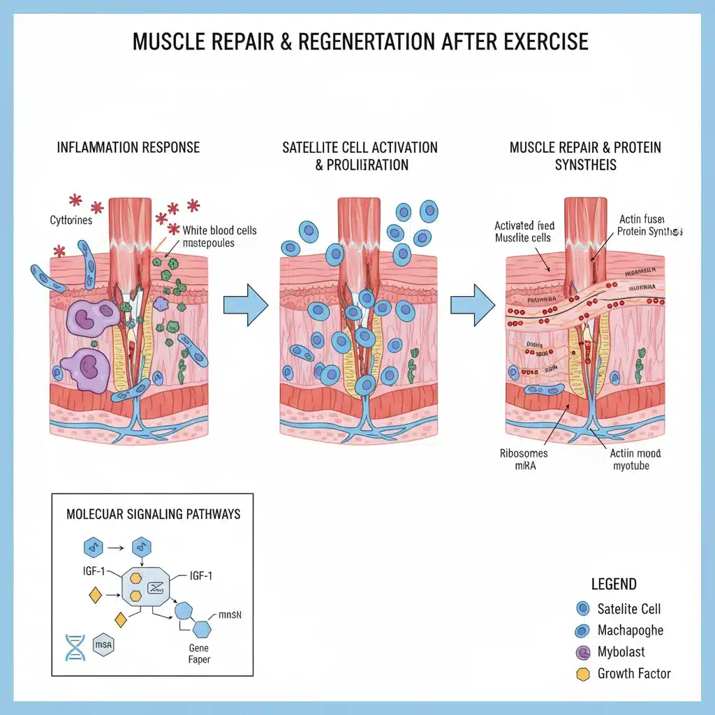 Scientific diagram of cellular muscle repair and regeneration