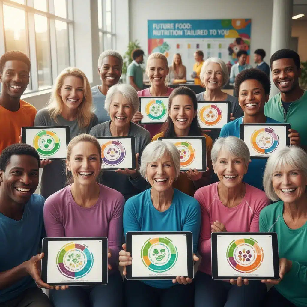 Diverse individuals with tablets showing personalized meal plans based on genetic profiles.