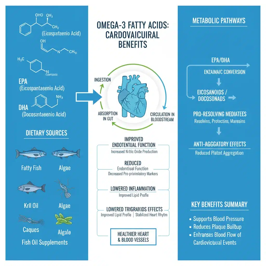 Infographic showing EPA and DHA molecular structures, sources, and cardiovascular benefits.