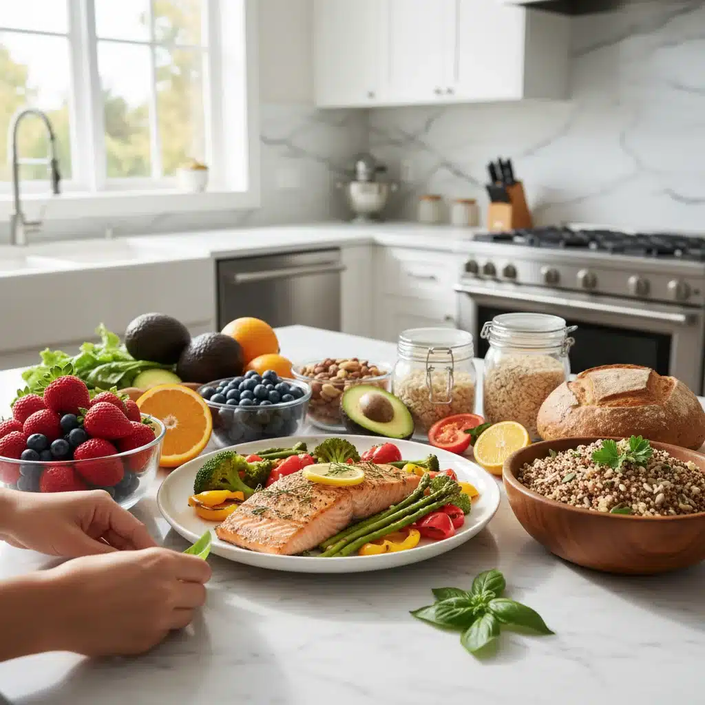 Variety of healthy foods on a kitchen counter for meal prep.