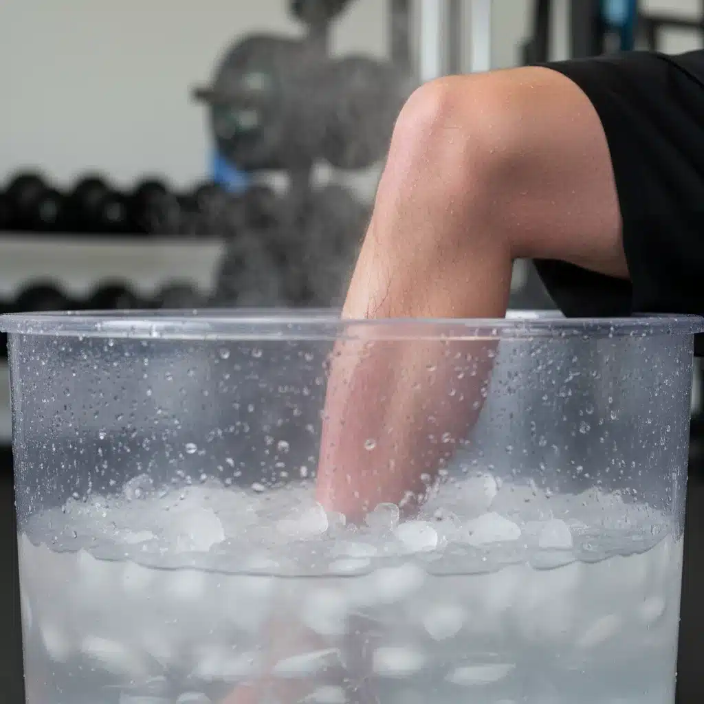 Leg submerged in ice bath for cryotherapy muscle recovery