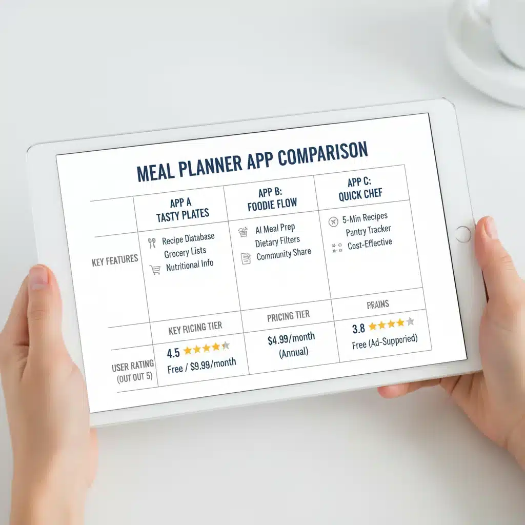 Comparison chart of meal planning app features and pricing
