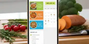 Smartphone displaying a meal planning app with fresh kitchen ingredients
