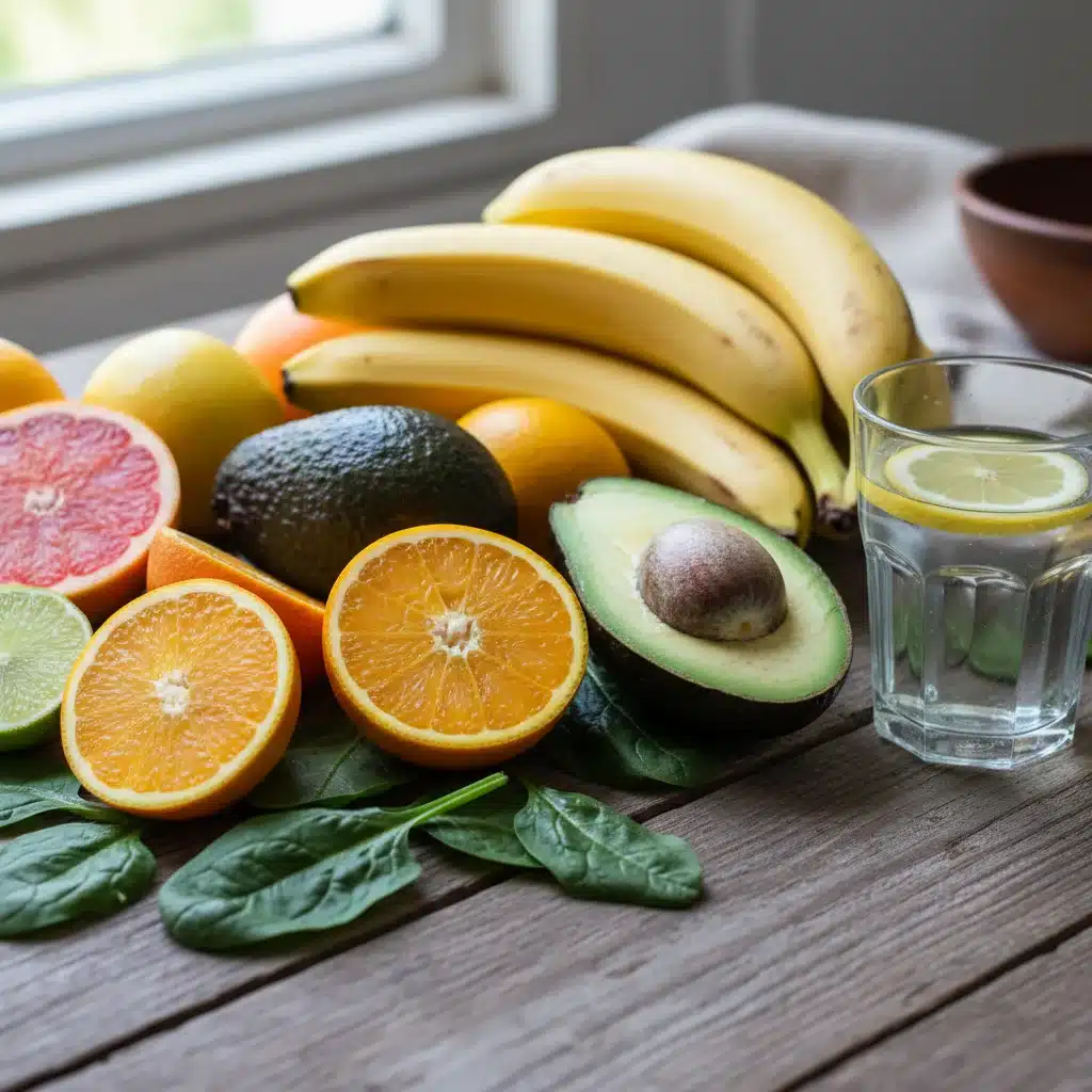 Assortment of electrolyte-rich fruits and vegetables on a wooden table, emphasizing natural sources of essential minerals.