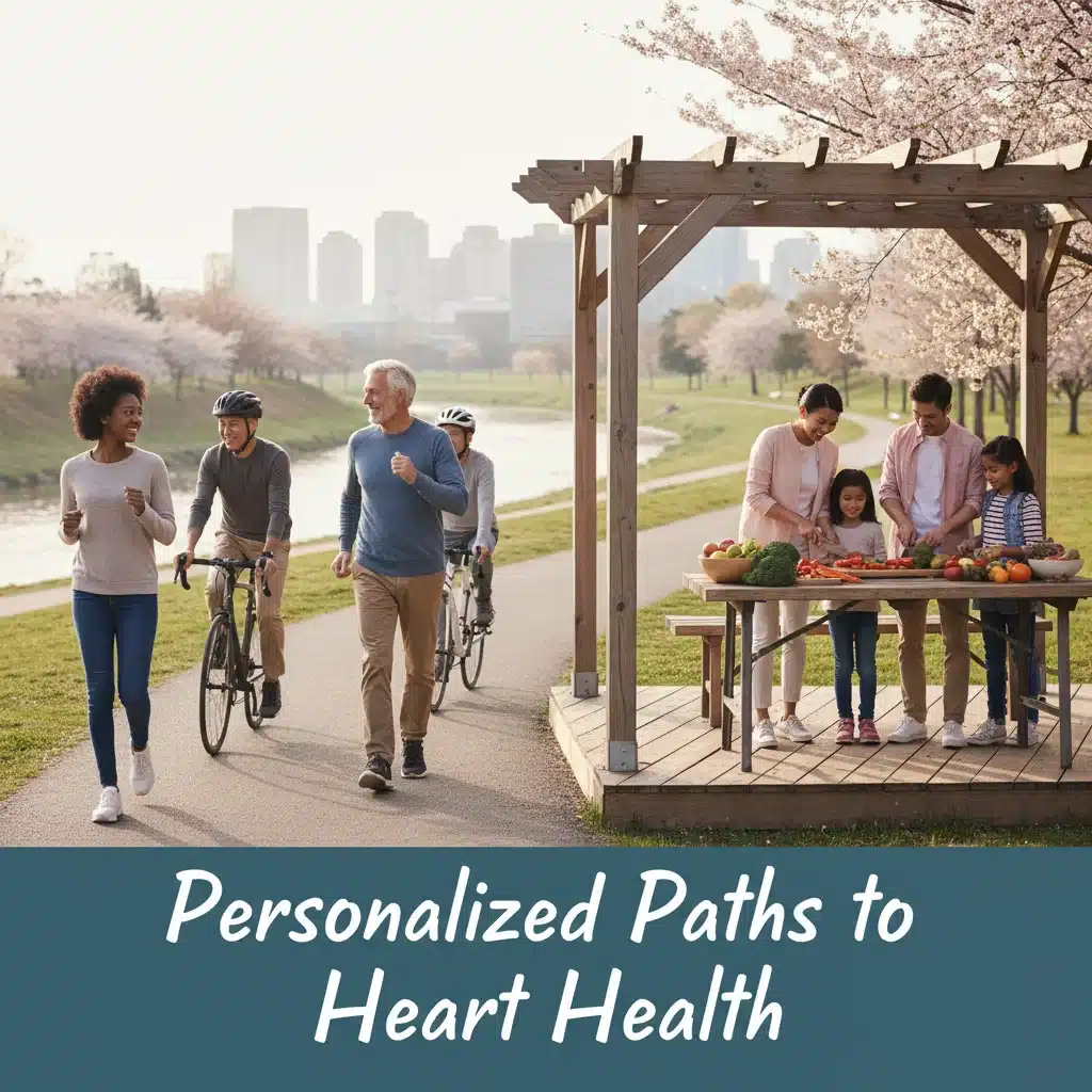 Diverse individuals engaging in heart-healthy activities, promoting personalized wellness.