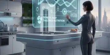 Holographic display showing DNA and personalized food recommendations in a modern kitchen.