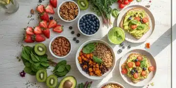 Colorful array of plant-based athlete meals and ingredients for endurance