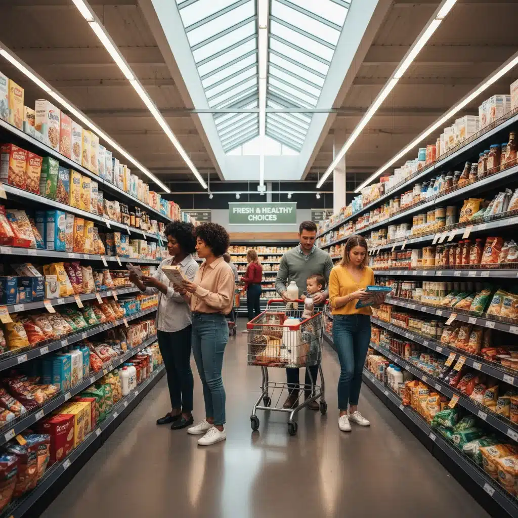 Shoppers carefully reading food labels in a supermarket aisle.