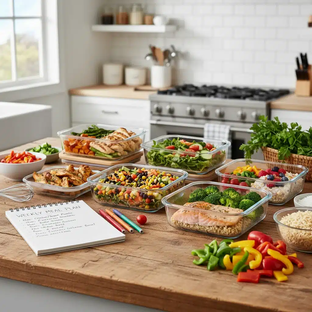 Healthy meal prep containers and fresh ingredients on a kitchen counter.