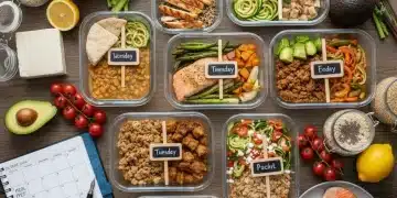 Weekly meal prep containers with healthy food and a 2026 calendar.