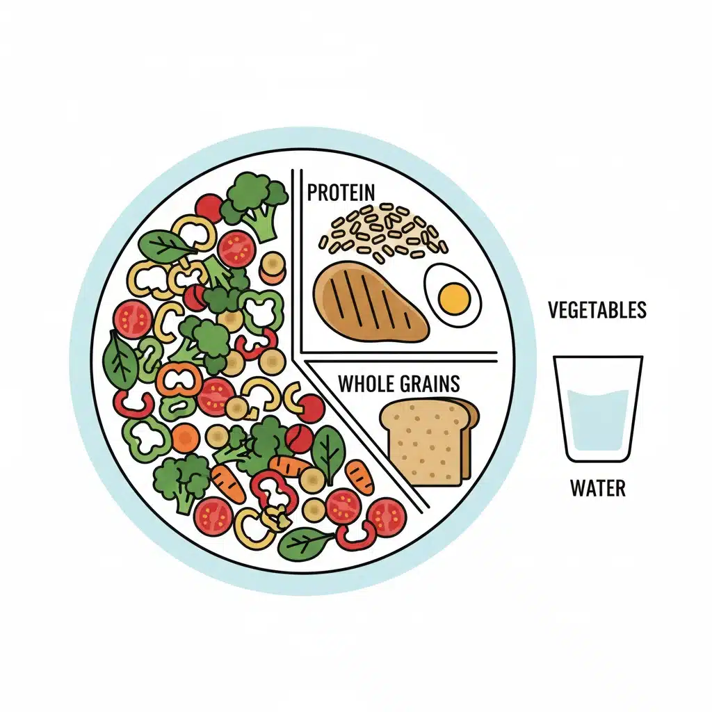 Illustrated balanced plate showing ideal portions of protein, carbs, and vegetables.