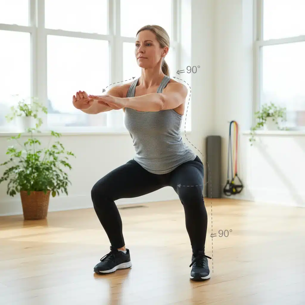 Woman over 40 performing a bodyweight squat with perfect form, emphasizing proper technique for longevity.