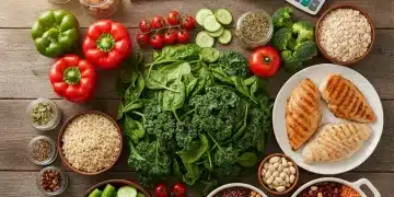 Colorful array of fresh vegetables, whole grains, and lean proteins for budget-friendly healthy family meals.