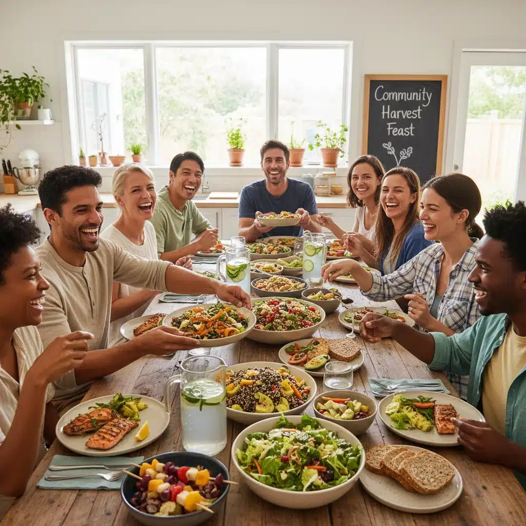 Diverse group sharing a healthy communal meal.