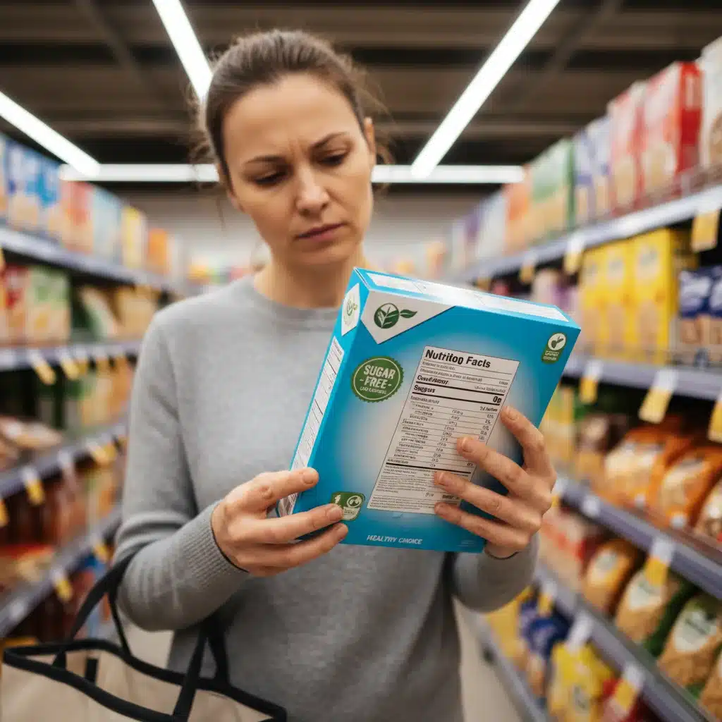 Consumer reading a food label for sugar substitutes in a grocery store