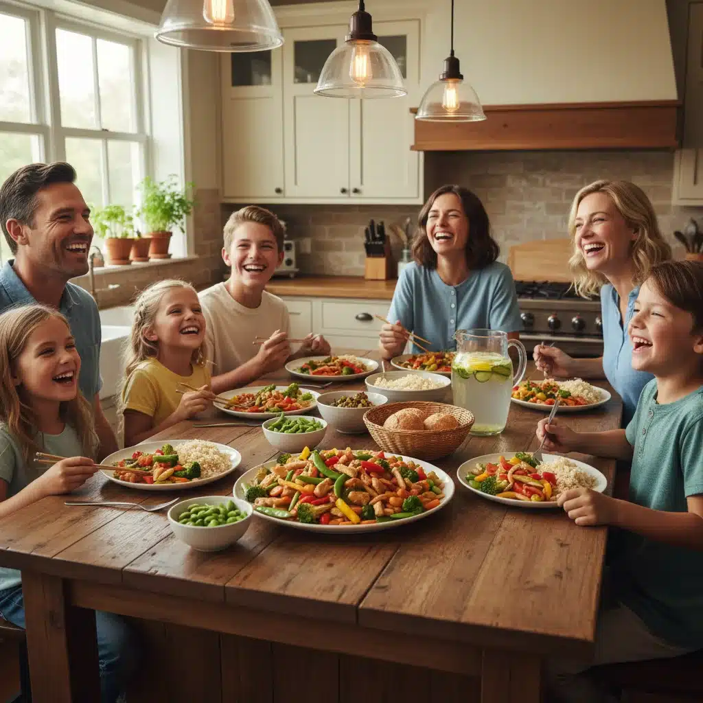 Family enjoying a delicious and affordable homemade chicken and vegetable stir-fry.