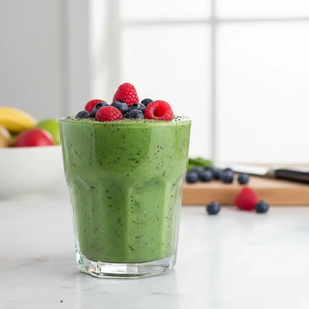 Close-up of a refreshing green recovery smoothie with berries and chia seeds, perfect for post-workout nutrition.