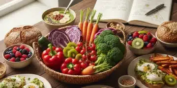 Colorful healthy meal ingredients arranged with a nutritionist's notebook for a 7-day plan.
