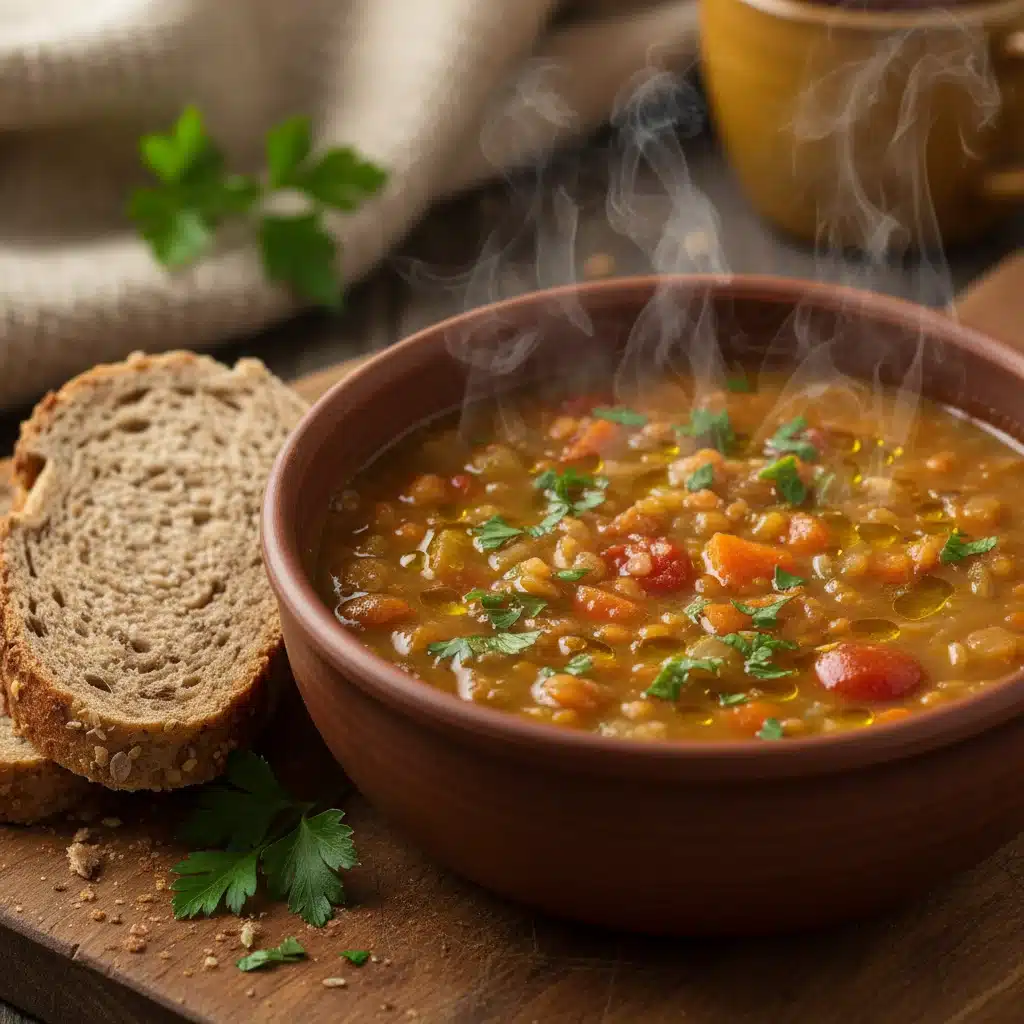 Hearty lentil soup with whole-grain bread, a perfect budget-friendly and healthy family meal.