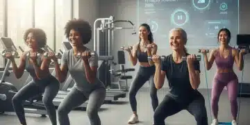 Adults over 40 performing longevity strength training exercises in a modern gym, focused on health and vitality.